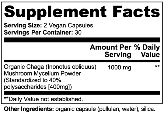 Chaga Mushroom — Organic Mycelium, 40% Polysaccharides (60 Vegan Capsules)