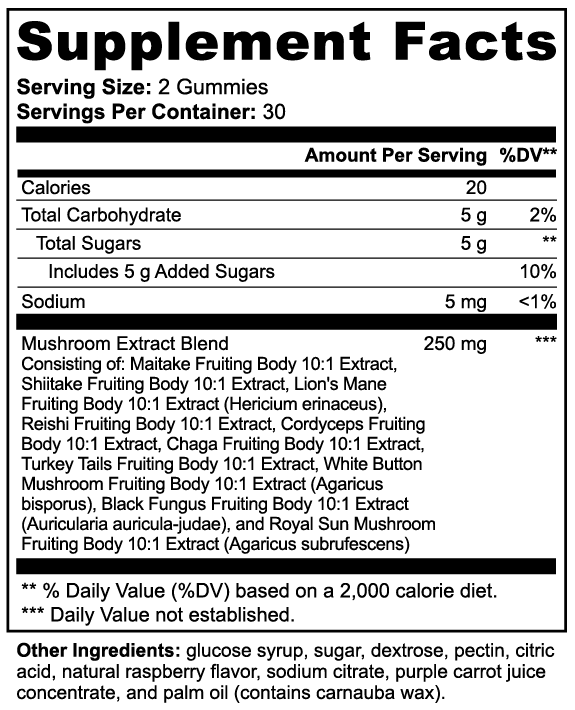 Mushroom Extract Complex Gummies — 10-Mushroom Blend • Raspberry • 60 Gummies