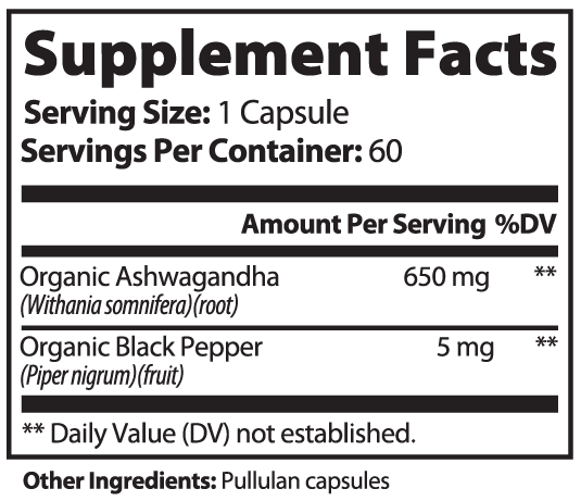 Ashwagandha — Organic Root + Black Pepper (60 Capsules)