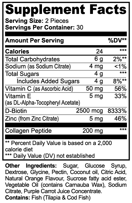 Collagen Gummies (Adult) — Orange Flavor with Vitamin C, E, Biotin & Zinc (60 Gummies)